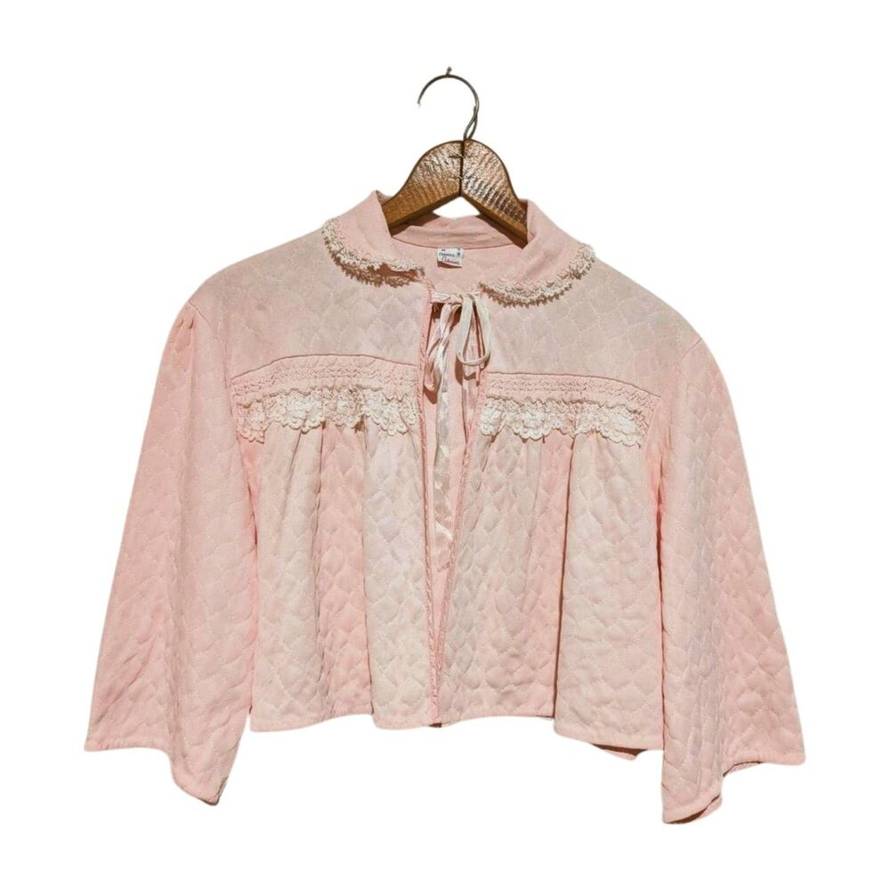 Vintage 40s/50s Penneys Quilted Nylon Bed Jacket M Pink Ribbon Tie Smocking Lace
